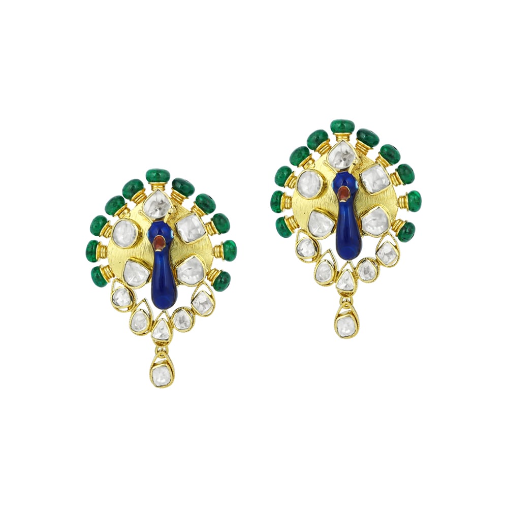 Peacock Polki Earrings with Blue Enamel and Emerald Beads
